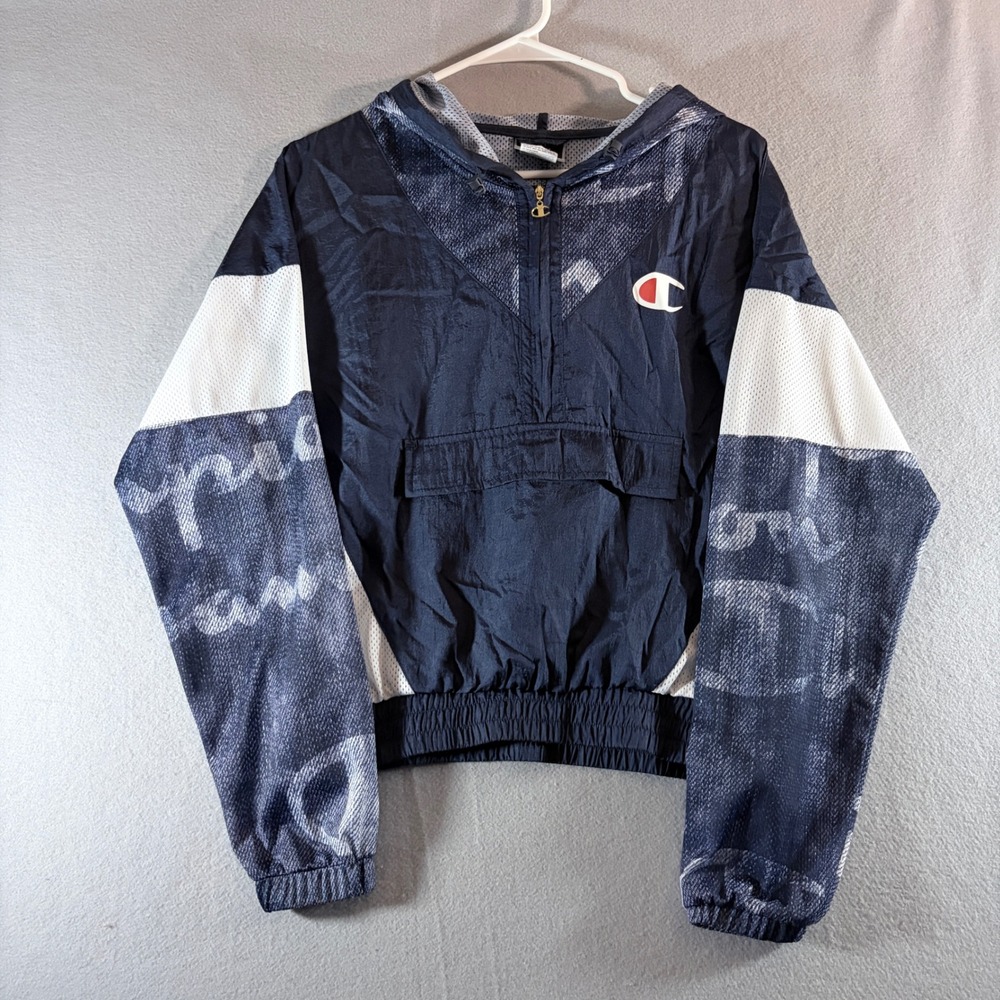 Champion Womens Navy Blue White Graphic 1/4 Zip Hooded Windbreaker Jacket Medium